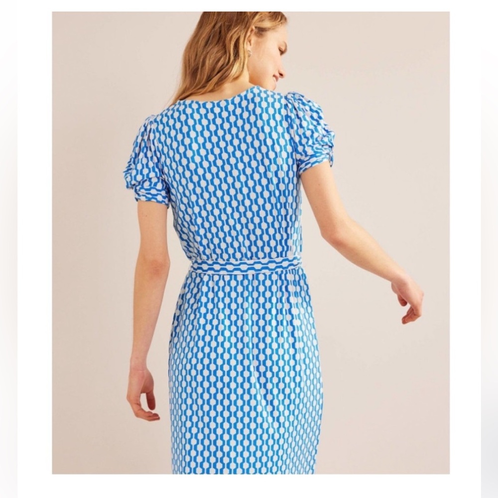 BODEN Blue White Geo Chain Print Knot Detail Short Sleeve Belted Mini - Picture 3 of 7